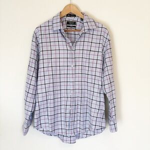 Nordstrom 16.5 Trim Fit Wrinkle-Free Plaid 100% Cotton Shirt Blue White Red